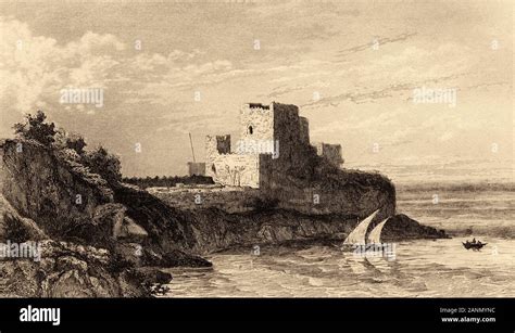 Fort at the entrance to the port of Beirut, Lebanon. Old engraving by Lemaitre published in L ...