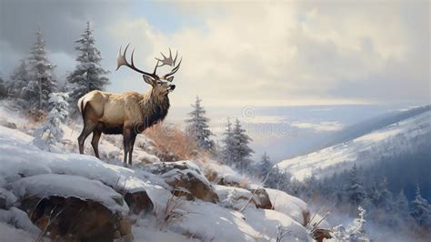 Elk On Snowy Hillside Stock Illustration Illustration Of Safari