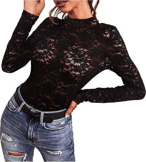 Donasty Tops Damen Sexy T Ll Mesh Tops Bluse Transparent Langarm Tunika