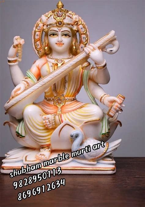 Multicolor Painted Marble Saraswati Statue For Worship Size 30 Inch