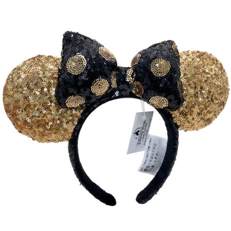 Disneyparks Black Gold Polka Dot Minnie Mouse Bow Sequins Ears Headband