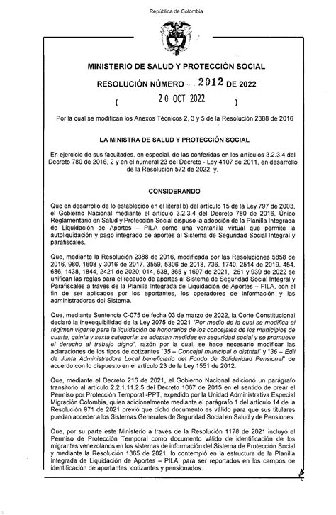 Resolucion De Rep Blica De Colombia Ministerio De Salud Y