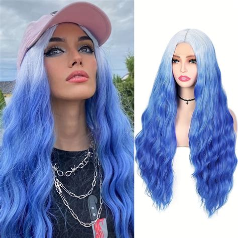 Synthetic Wigs Long Ombre Blue Wavy Wigs For White Women Natural Curly Wig Middle Part Wig