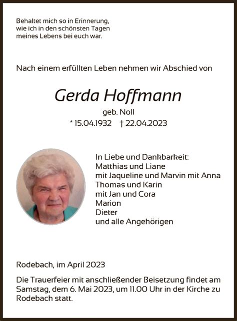 Traueranzeigen Von Gerda Hoffmann Trauer Werra Rundschau De