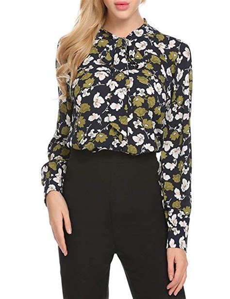 Acevog Women Bow Tie Neck Chiffon Blouses Long Sleeve Patchwork Casual