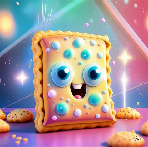 A Square Cookie With Eyes And Bubbles Next To Cookies On A Pink Surface