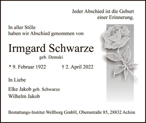 Traueranzeigen Von Irmgard Schwarze Trauer Kreiszeitung De