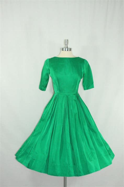 1950s Vintage Dress Emerald Green Satin By Vintagefrocksoffancy