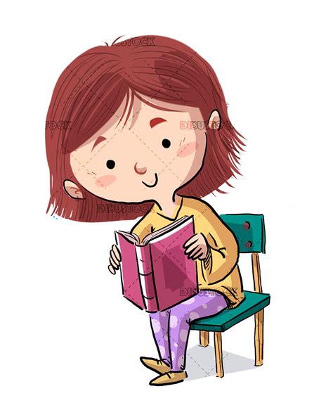 Pequeña Niña Leyendo Un Libro Sentada Dibustock Ilustraciones