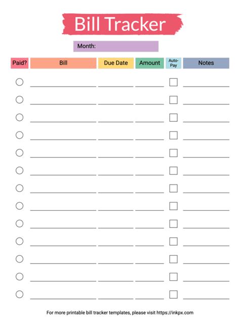 Free Printable Classic Style Rainbow Color Monthly Bill Tracker