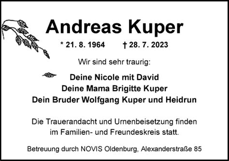 Traueranzeigen Von Andreas Kuper Nordwest Trauer De