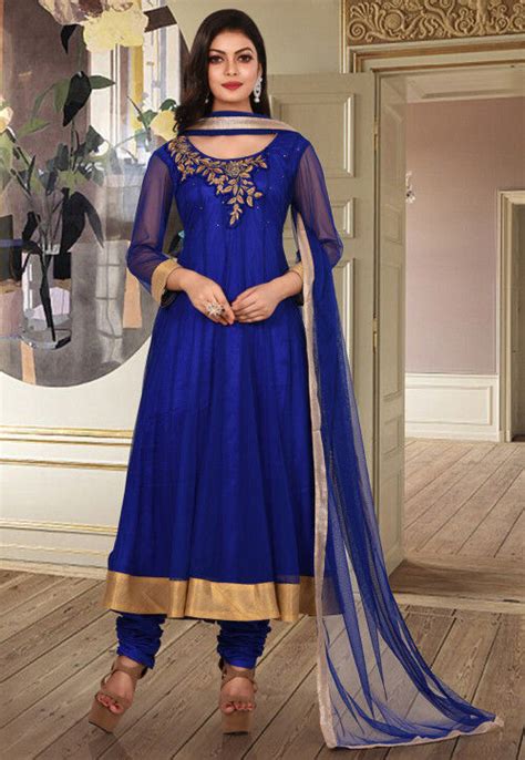 Buy Hand Embroidered Net Anarkali Suit In Royal Blue Online KBX32