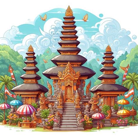 Cartoon Illustration Of Balinese Temple For Nyepi Day Premium Ai