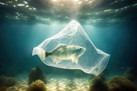 Fish In Plastic Bag Massive Plastic Pollution Underwater Concept