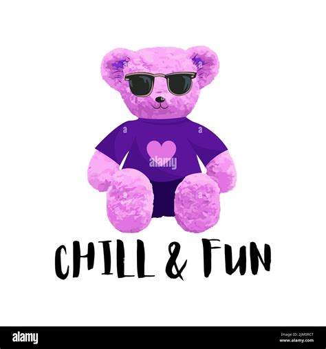 Chill And Fun Slogan Cute Pink Bear Doll In Sunglasses Vector