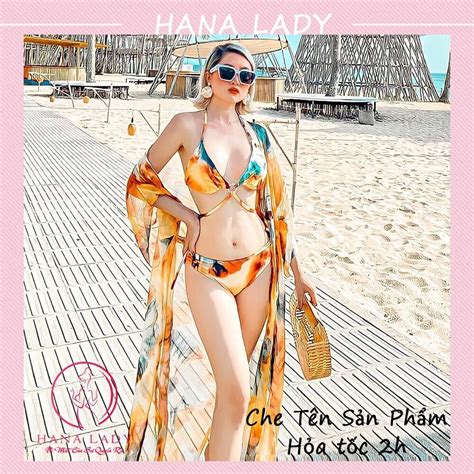 Bikini đi biển đồ tắm kèm choàng cao cấp hoa vàng BN130 Hana Lady