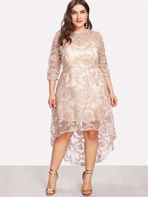 Plus Applique Mesh Overlay Dip Hem Dress Shein Usa Plus Size Lace Dress Plus Size Wedding