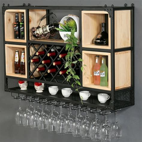 Wine Rack Wall Hanging Wine Cabinet Wall Shelf Wrought Iron Wood Bar Restaurant Wine Lattice