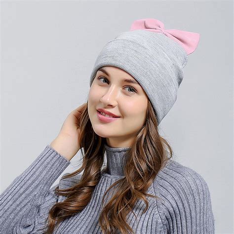 Buy European Beanies Hats Caps Women Winter Bowknot Knitted Cap Beanie