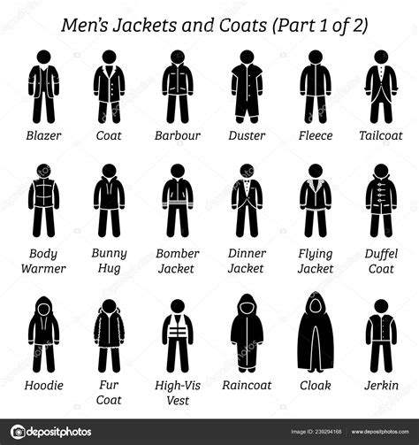 Men Jackets Coats Stick Figures Depict Set Different Types Jackets