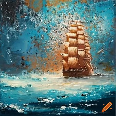 Textured Oil Painting Of A Ship In A Stormy Sea With Vibrant Colors On