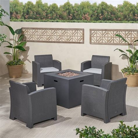 Noble House Houston Charcoal 5 Piece Faux Wicker Patio Fire Pit Set