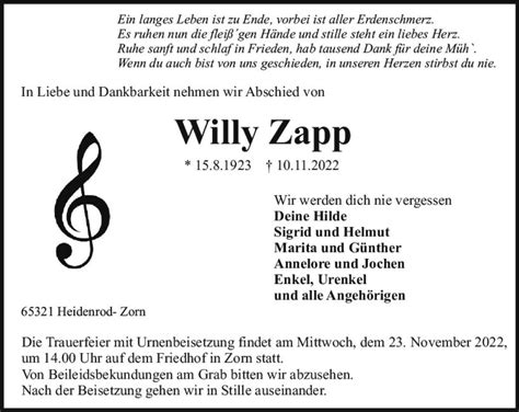 Traueranzeigen Von Willy Zapp Vrm Trauer De