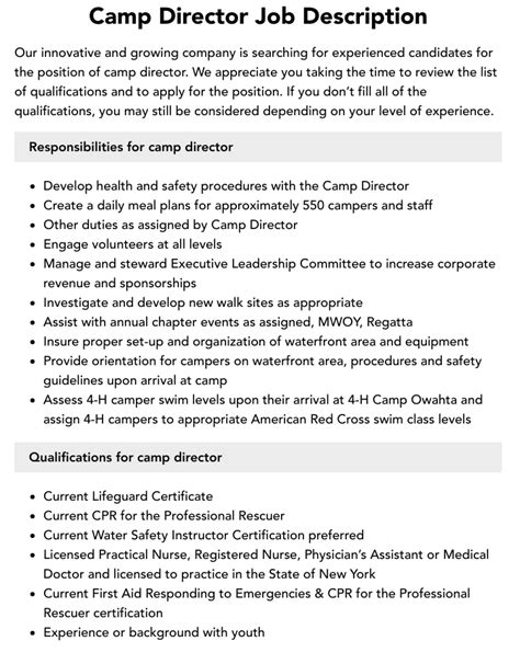 Camp Director Job Description Velvet Jobs