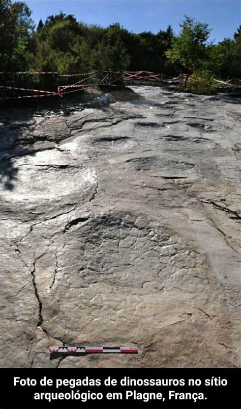 Foto de pegadas de dinossauros no sítio arqueológico em Plagne França