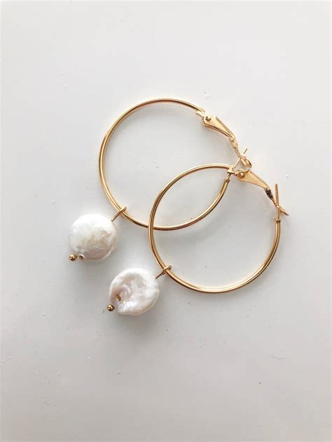 18k Gold Freshwater Pearl Hoop Earring Etsyme36tajfl Etsy