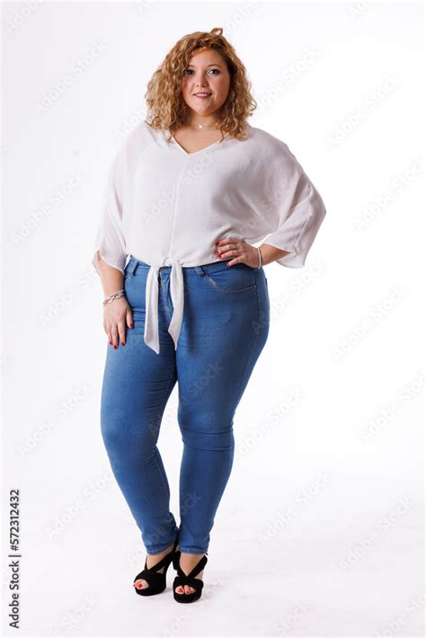 Plus Size Fashion Model Fat Woman In Denim Clothes And White Shirt On