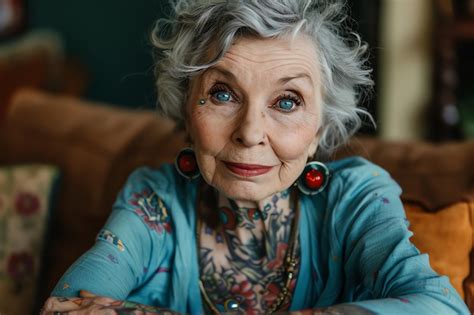 An Older Woman With Grey Hair And Blue Eyes Sits On A Couch Premium