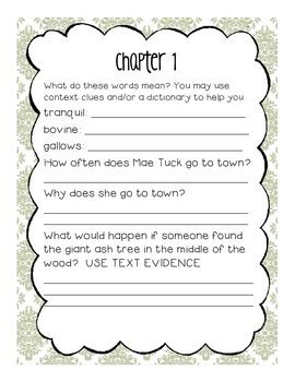 Tuck Everlasting Comprehension Questions Booklet By Cinredsfan Tpt