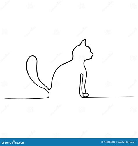 Continuous Line Sitting Cat With Fluffy Tail Side View Cat Vector