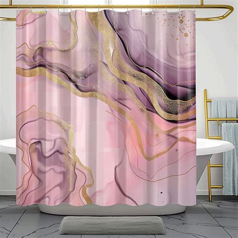 Pastel Watercolor Marble Shower Curtain Set With Glitter Pink And Gold