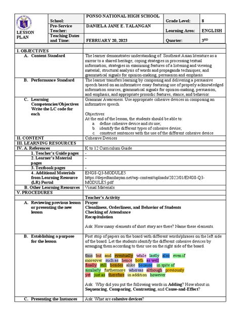 Preferred Lesson Plan Grade 8 Pdf Learning Teachers