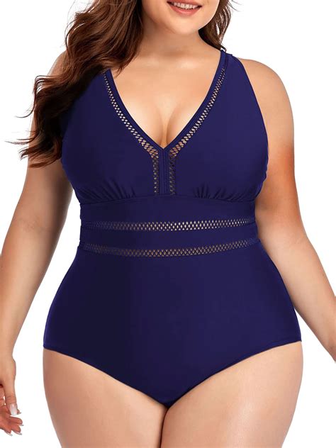 Womens Plus Size One Piece Swimsuits Sexy V Neck Swimwear Tummy Control Bathing Suit For Women