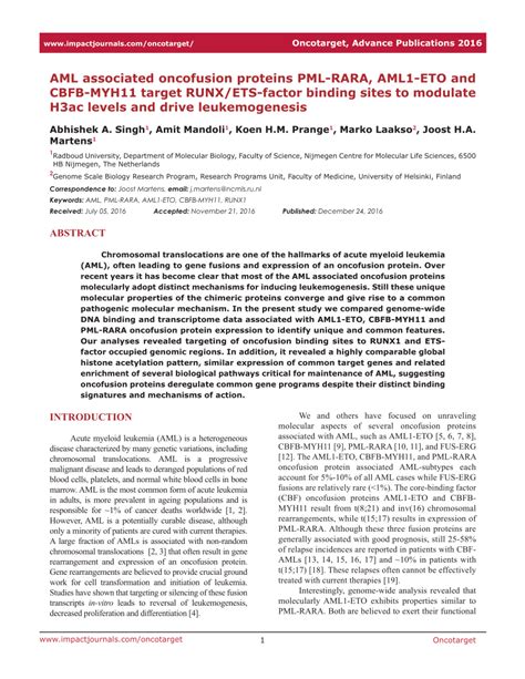 PDF AML Associated Oncofusion Proteins PML RARA AML1 ETO And CBFB