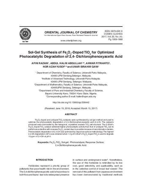 (PDF) Sol-Gel Synthesis of Fe2O3-Doped TiO2 for Optimized Photocatalytic Degradation of 2,4 ...