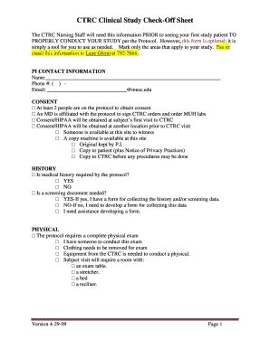 Fillable Online Sctrweb2 Musc CTRC Clinical Study Check Off Sheet