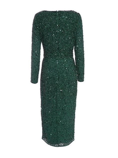 Quiz Green Sequin Long Sleeve Wrap Midi Dress Uk