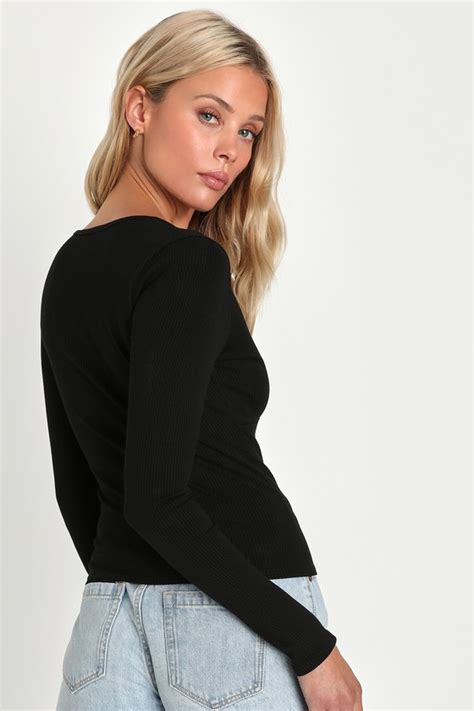 Cute Black Ribbed Knit Top Long Sleeve Top Bodycon Top Lulus