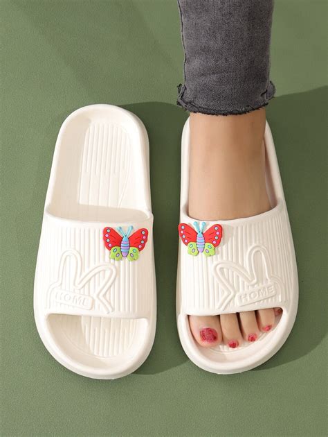 Preppy Indoor Slides For Women Letter Graphic Cartoon Butterfly Decor