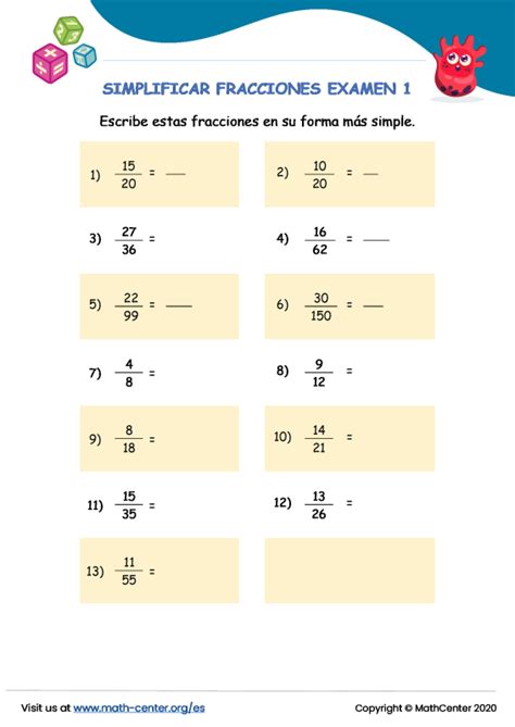 Quinto Grado Pruebas Simplificar Fracciones Math Center