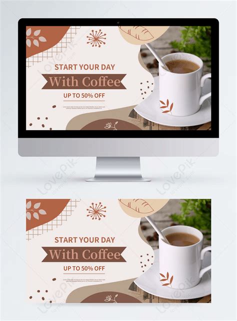 咖啡色幾何塗鴉咖啡促銷橫幅模板素材，設計範本免費下載 Lovepik