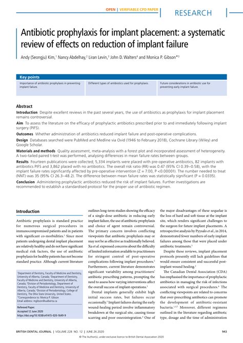 Pdf Antibiotic Prophylaxis For Implant Placement A Systematic Review Of Effects On Reduction