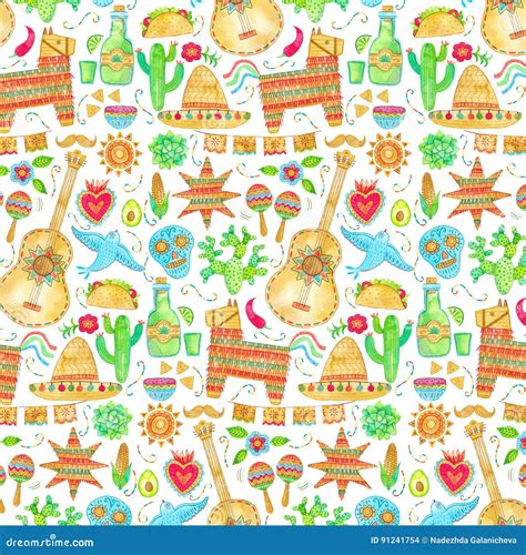 Watercolor Mexico Cinco De Mayo Seamless Pattern Mexican Background