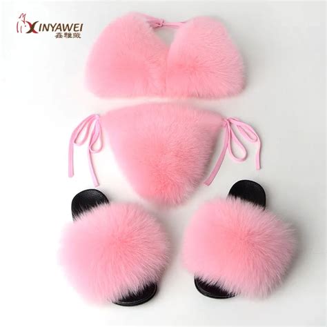 Custom Women Luxury Fashion Real Fox Fur Bikini And Fur Slippers Slide