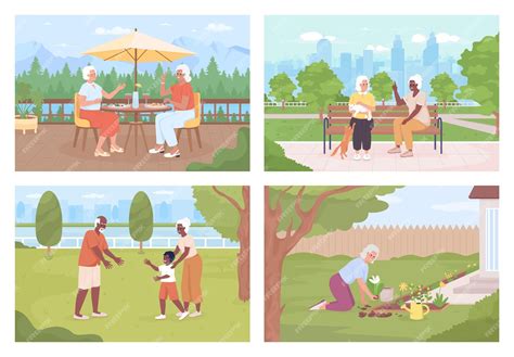 Premium Vector Seniors Spending Time Outdoors Flat Color Vector