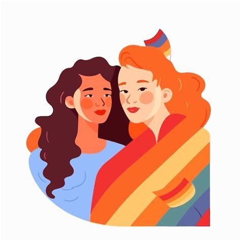 Premium Vector A Portrait Of Lesbian Couple With A Rainbow Flag The